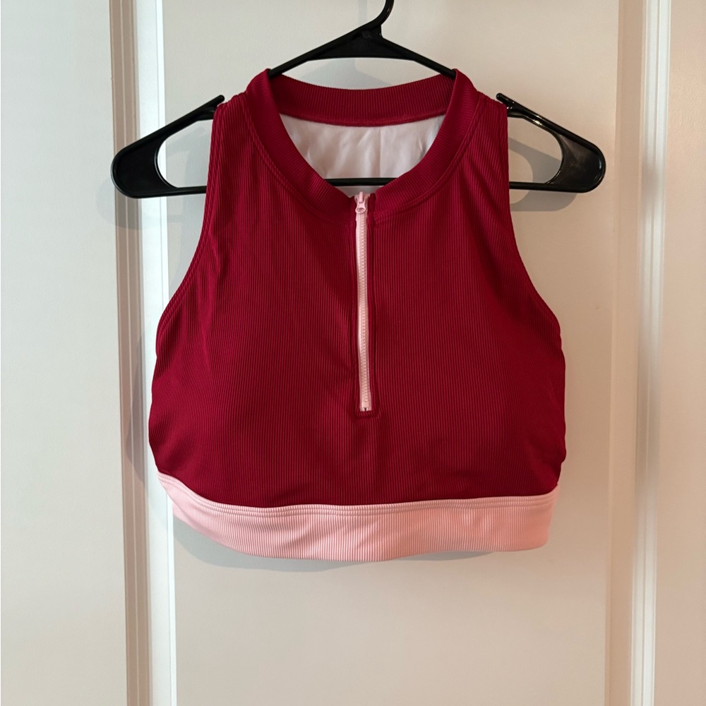 Red and Pink Women's Zip-Up Bikini Top